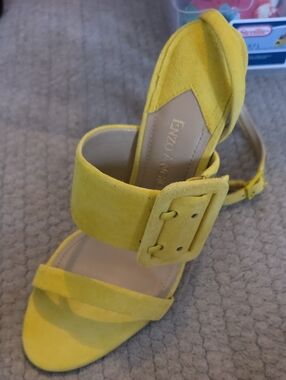 Enzo Angiolini Yellow Suede Buckle Block Heel Sandals